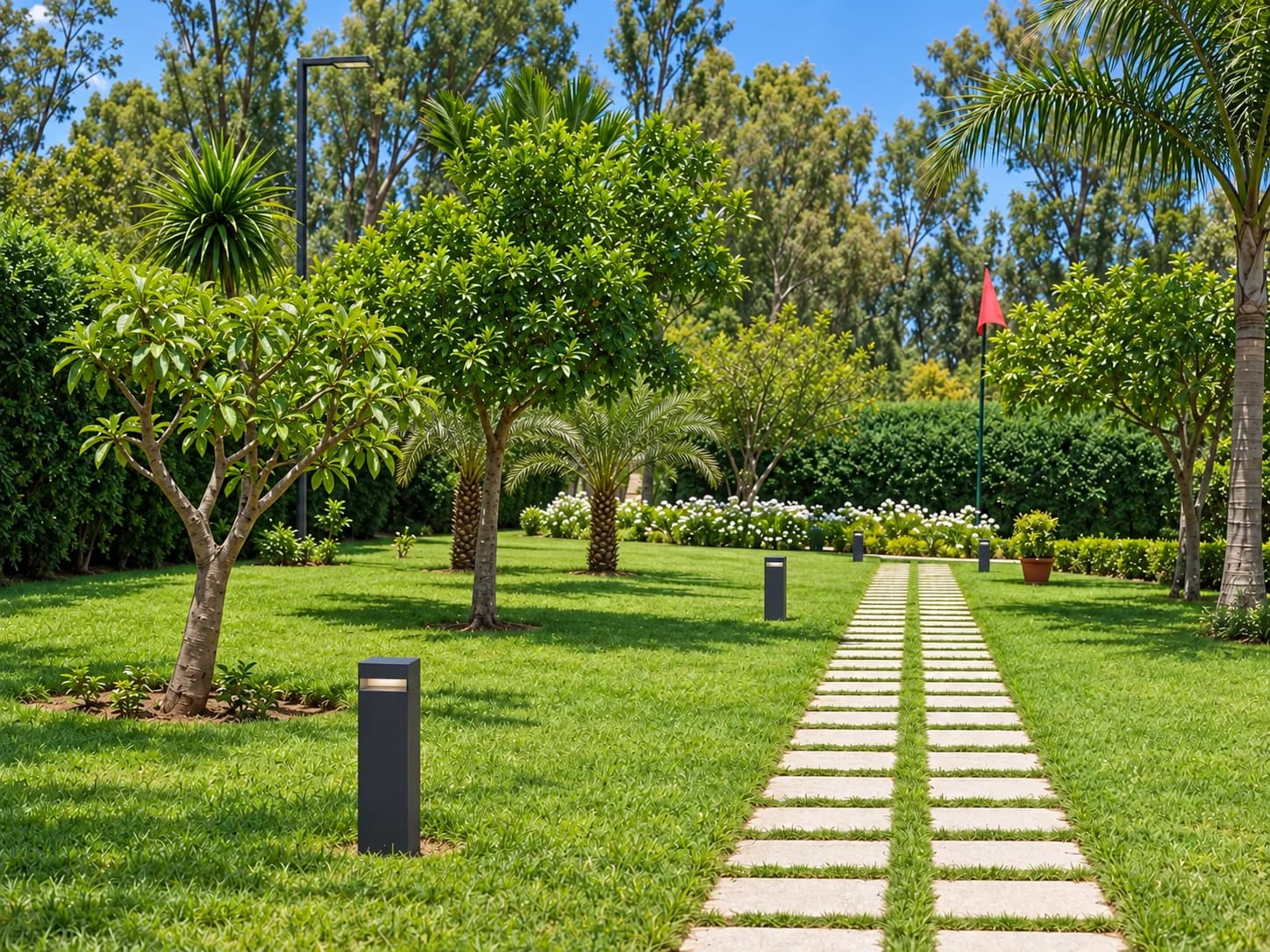 Allée en dalles de pierre au milieu d’un jardin avec pelouse, palmiers et arbres